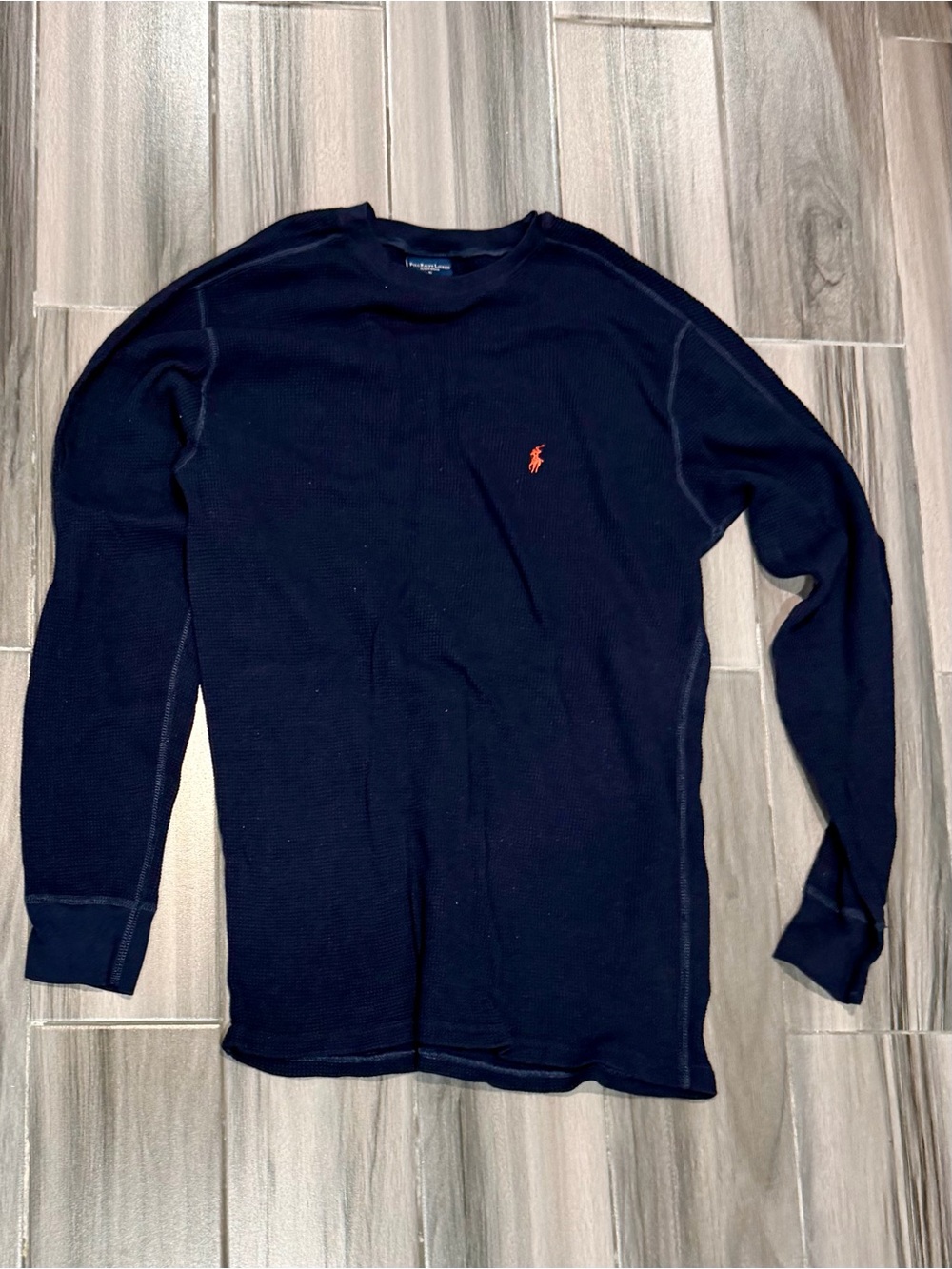 Vintage Y2K Polo by Ralph Lauren Navy Long-Sleeve Thermal with Orange Pony